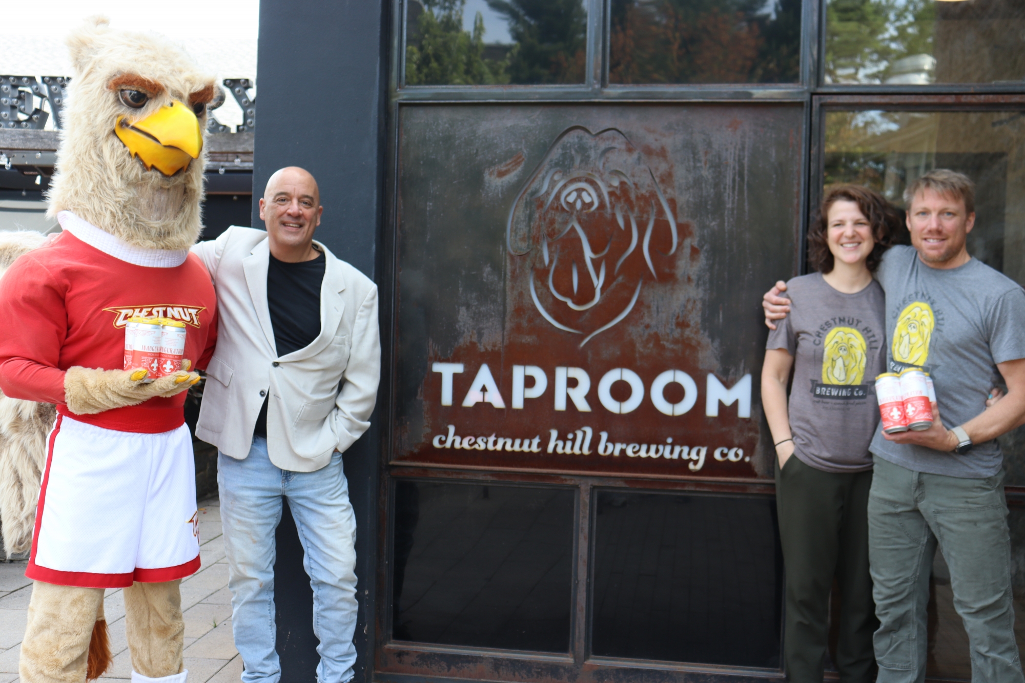 Big Griff and Dr. Latimer joined Chestnut Hill Brewing's Nick Gunderson and Lindsay Pete at the official release of the Inauguration IPA.