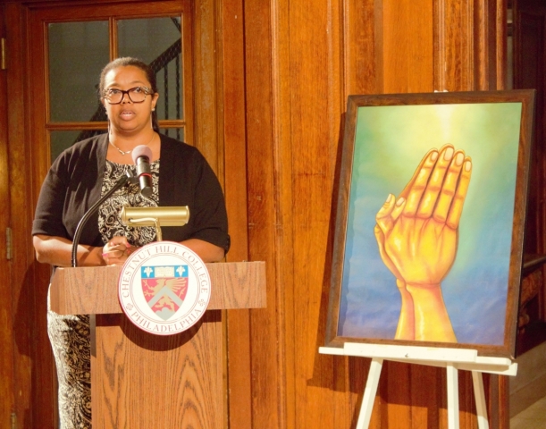 Juliana Mosley, Ph.D., the college officer for the Office of Diversity and Inclusion, delivering remarks at the dedication ceremony for the Interfaith Prayer Room. (Photo by Marilee Gallagher)
