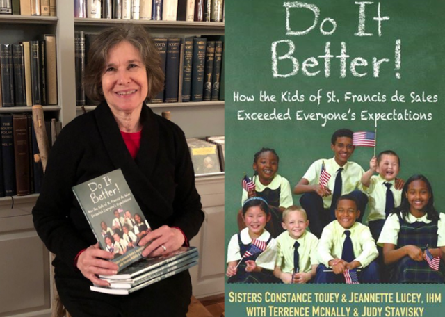 Judy Stavisky, M.Ed., SGS '91, with the book she co-authored, "Do It Better!: How the Kids of St. Francis de Sales Exceeded Everyone's Expectations."