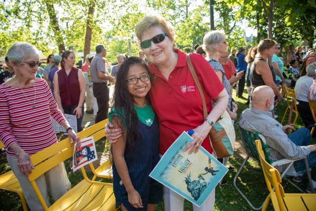 Sister Carol and Carolina Perez '20 pictured at the "Lights for Liberty" vigil in Mt. Airy on July 12. (Photo by Linda Johnson)