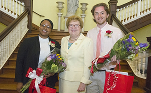 Michaiah Young '17, winner of the Dorothea E Fenton '28 Memorial Award, and Andrew Conboy '18, winner of the St. Catherine Medal, join Sister Carol after Convocation.