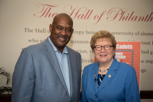 U.S. Rep. Dwight Evans pictured with College President Carol Jean Vale, SSJ, Ph.D., at “Stand Up, Be Counted” on Sept. 28. (Photo by Amber Johnston)